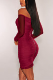Wine Red Fashion Celebrities Sexy Off The Shoulder Long Sleeves One word collar Step Skirt Mini Mes