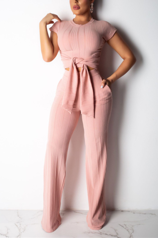 Pink Fashion Casual Crop Short Sleeve Two-piece Set
