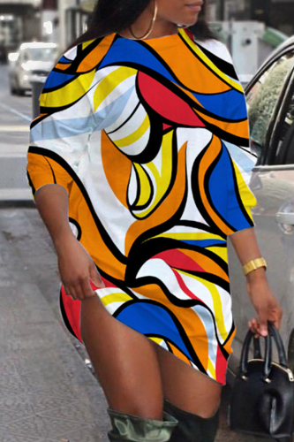 Orange Casual Daily Print Patchwork O Neck Long Sleeve Dresses