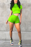 Fluorescent green Casual Short Sleeve Shorts Sports Set