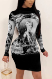 Black Sexy Fashion adult Cap Sleeve Long Sleeves O neck Step Skirt Knee-Length Patchwork Print