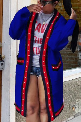 Blue cardigan Pearl Solid Ribbon Patchwork Pure Long Sleeve 