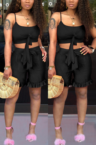 Black Fashion Sexy Solid Two Piece Suits Slim fit asymmetrical Regular Sleeveless Two-Piece Sho