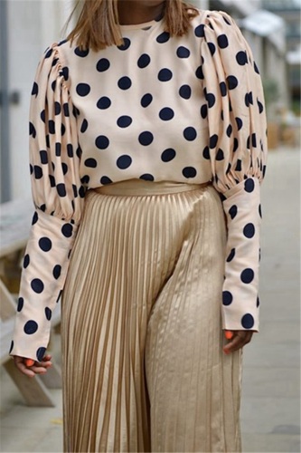 Apricot Fashion Casual Bubble Sleeves Dot Print Stitching Tops
