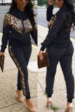 Coffee adult Casual Fashion Two Piece Suits Patchwork Leopard Print pencil Long Sleeve Two-piece