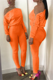 Orange Casual zipper Solid Long Sleeve one word collar Jumpsuits