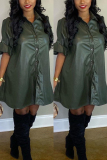 Army Green Fashion Casual Long Sleeve Leather Dress