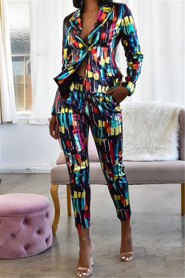 multicolor adult OL Fashion Print Two Piece Suits pencil Long Sleeve Two-piece Pants Set