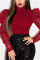 Wine Red O Neck Long Sleeve Sequin Patchwork perspective Mesh Solid
