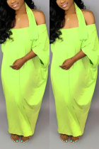 Green Fashion Casual One Shoulder Half Sleeves one shoulder collar Asymmetrical Ankle-Length Sol