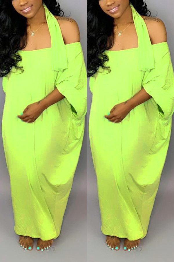 Green Fashion Casual One Shoulder Half Sleeves one shoulder collar Asymmetrical Ankle-Length Sol
