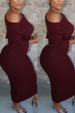Wine Red Sexy Solid Color Long Sleeves Slim Backless Dress