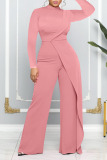 Pink Casual Solid Patchwork O Neck Straight Jumpsuits