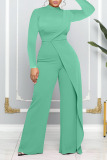 Green Casual Solid Patchwork O Neck Straight Jumpsuits