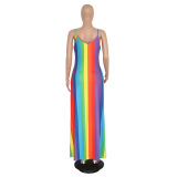 Rainbow Sexy Stylish Casual Striped Suspender Long Maxi Dress