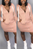 Grey Sexy Cap Sleeve Long Sleeves Hooded Step Skirt skirt Patchwork chain Solid Club Dresses