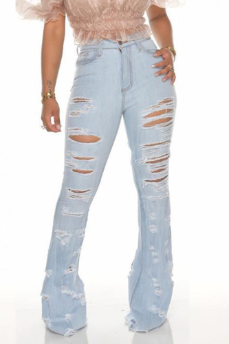 Light Blue Fashion Broken Hole Denim Trousers