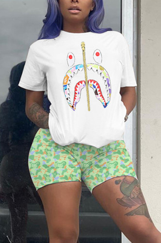 WhiteGreen Fashion Casual Printed Short Sleeve Shorts Set