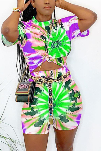 Green Fashion Printed T-shirt Shorts Casual Set