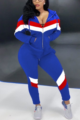 Blue adult Fashion Active contrast color Patchwork Two Piece Suits Geometric pencil Long Sleeve