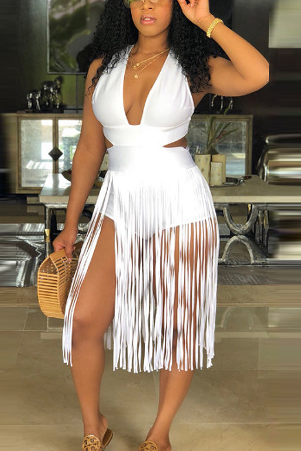 White Sexy Wrapped Breast Tassel Straight Dress
