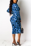 Brown Leopard Deep V Long Sleeve Dress