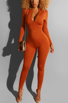 Orange Fashion Reversible Zipper Solid Jumpsuits