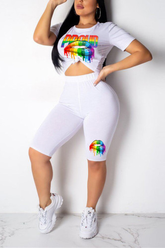 White Casual Colorful Lips Printed Two-pieces Set
