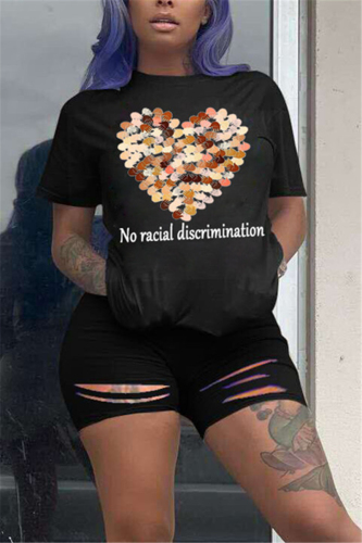Black Fashion Casual Printed T-shirt Shorts Set
