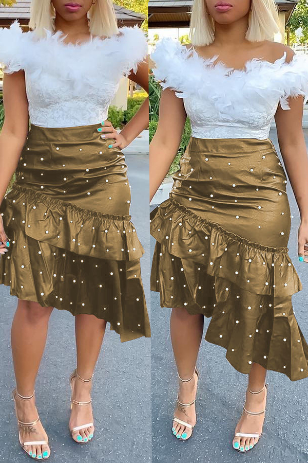 Gold PU Elastic Fly High ruffle Asymmetrical Dot Straight Skirts