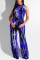 Blue Sexy Fashion Print Backless Asymmetrical Hollow Sleeveless Asymmetrical Collar 