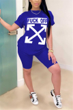 Royal blue Fashion Casual Letter Printed T-shirt Sports Set