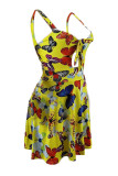 Yellow Fashion Sexy Tank Sleeveless V Neck A-Line Mini Print Patchwork Club Dresses
