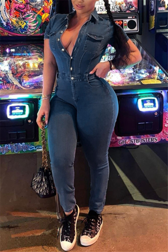 Blue Fashion Casual Short Sleeve Denim Jumpsuit