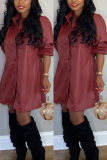 Wine Red Fashion Casual Long Sleeve Leather Dress