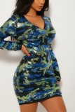 Blue Sexy Cap Sleeve Long Sleeves V Neck Step Skirt skirt chain camouflage