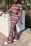 multicolor Casual Striped Print Boot Cut Short Sleeve Two-piece Pants Set