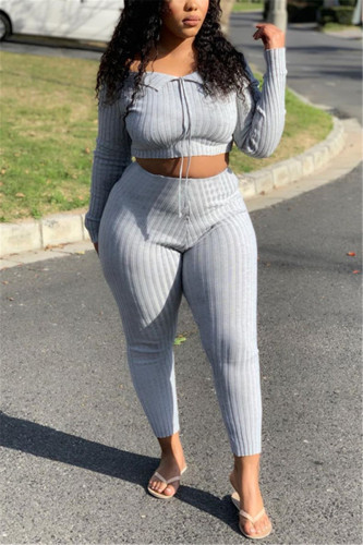Grey Sexy ruffle Two Piece Suits Solid pencil Long Sleeve Two-piece Pants Set