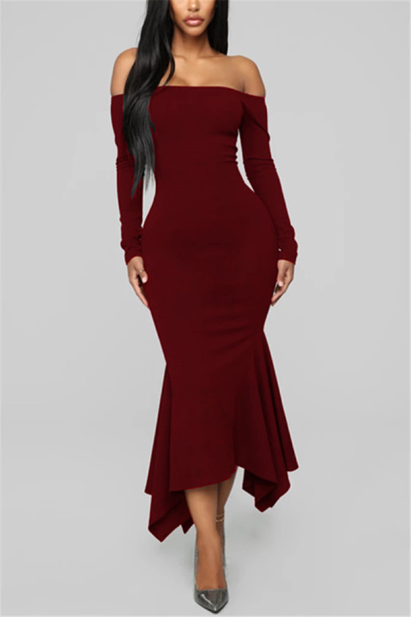 Wine Red Fashion Off The Shoulder Long Sleeves One word collar Step Skirt Mid-Calf Solid Long Slee