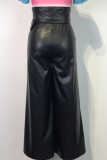 Black Street Solid Patchwork With Belt Straight High Waist Wide Leg Solid Color Bottoms