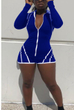 Blue Fashion Sexy Solid zipper Patchwork Ribbon Long Sleeve O Neck Rompers