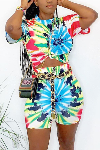 Blue Fashion Printed T-shirt Shorts Casual Set