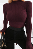 Wine Red Fashion Casual High-Necked Solid Tops