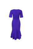 ColorBlue Fashion Slim V-neck Ruffled Dress