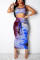 Blue Sexy Fashion Patchwork HOLLOWED OUT Print Regular Two-Piece Dress