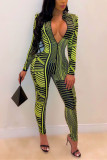 Green Sexy Fashion Patchwork Print zipper Long Sleeve V Neck 