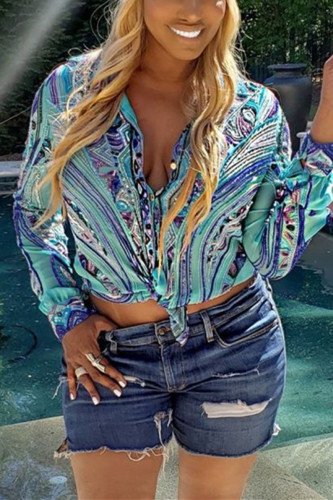 Blue Fashion Casual Printed Loose Shirt