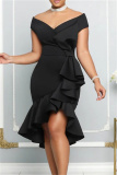 Black Sexy Formal Solid Patchwork Asymmetrical V Neck Evening Dress