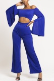 Blue Fashion Solid Color Long Sleeve Umbilical One-Shoulder Jumpsuit