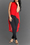 Red O Neck Sleeveless Patchwork Solid asymmetrical Tees & T-shirts